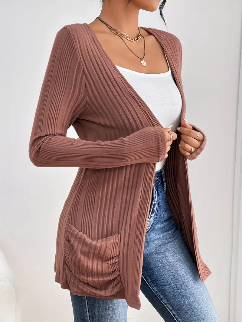 Sfrcord® Solid Open Front Rib Knit Cardigan