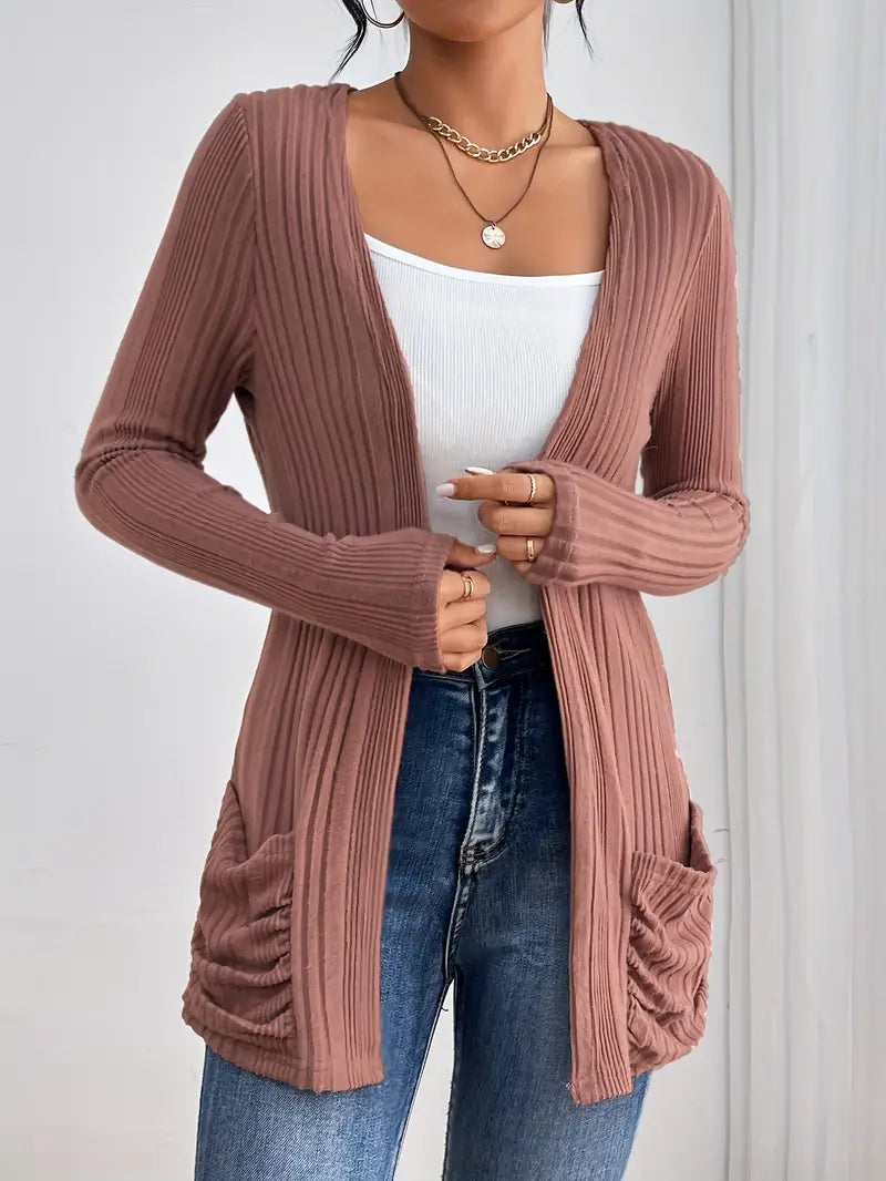 Sfrcord® Solid Open Front Rib Knit Cardigan