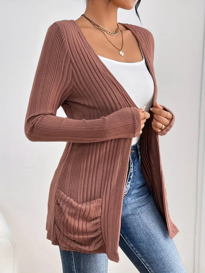 Sfrcord® Solid Open Front Rib Knit Cardigan
