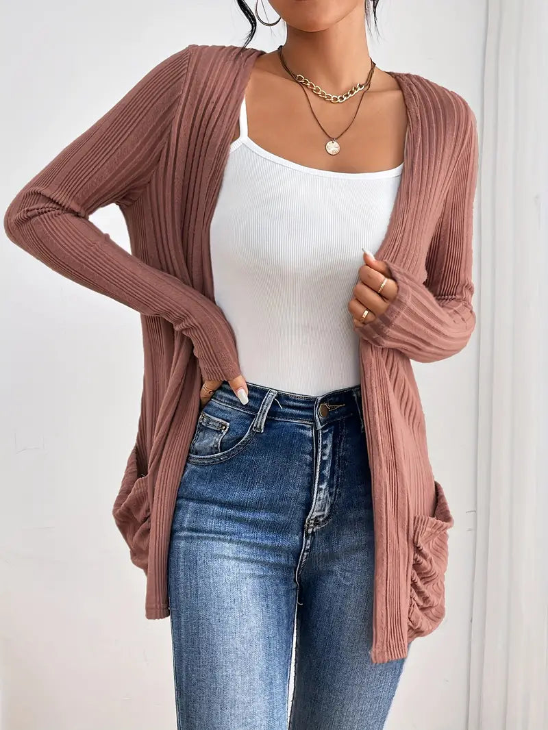 Sfrcord® Solid Open Front Rib Knit Cardigan